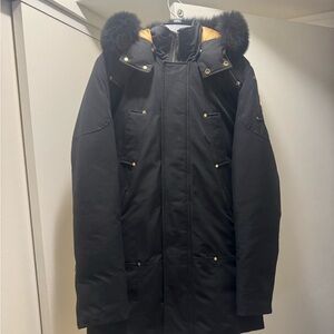 Moose Knuckles Black Puffer Coat with Fur Trim